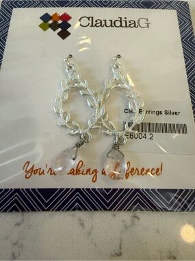 Silver Leaf Drop Earrings with Clear Crystal Accent